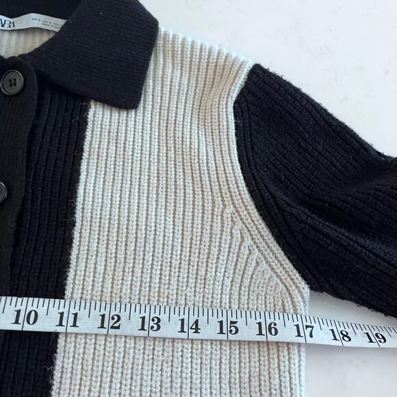 Zara Black White Ribbed Knit Collared Button Front Colorblock Cardigan Sweater S - Picture 8 of 10